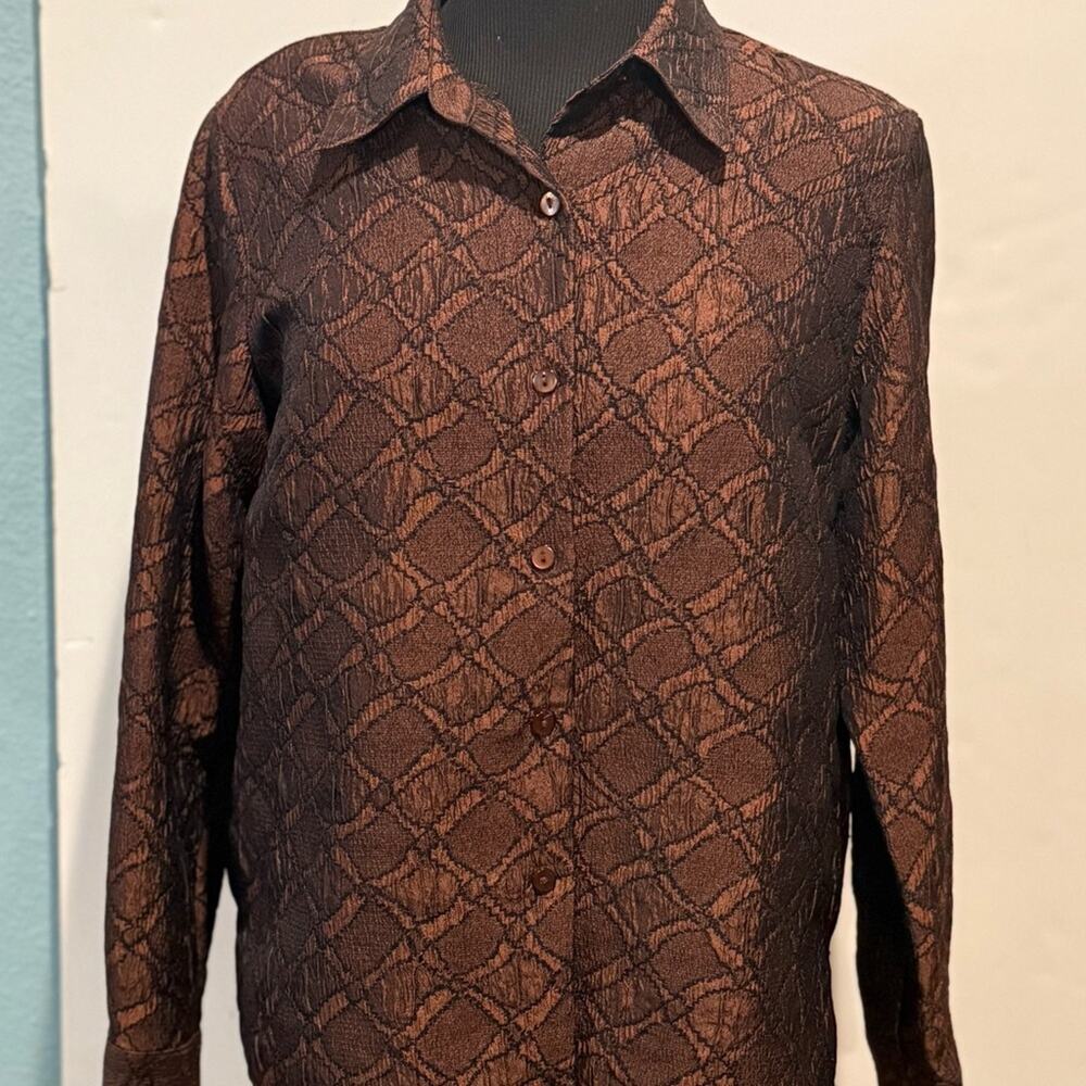 Alfred Dunner Blouse 10P Textured Jacquard Brown Bronze Button Up Classic Fit